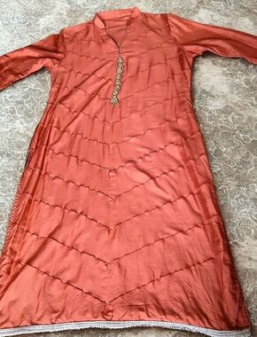 Indian Pakistani Silk Dress / Kurta in Rust & Silver  - Bust Size 22 inches